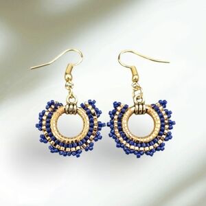 Elegant Blue and Gold Beaded Earrings Handmade